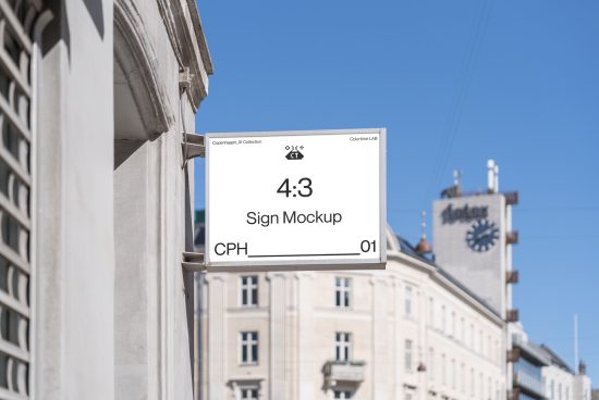 Urban sign mockup by building, clear blue sky backdrop, perfect for branding, designers marketplace digital asset.